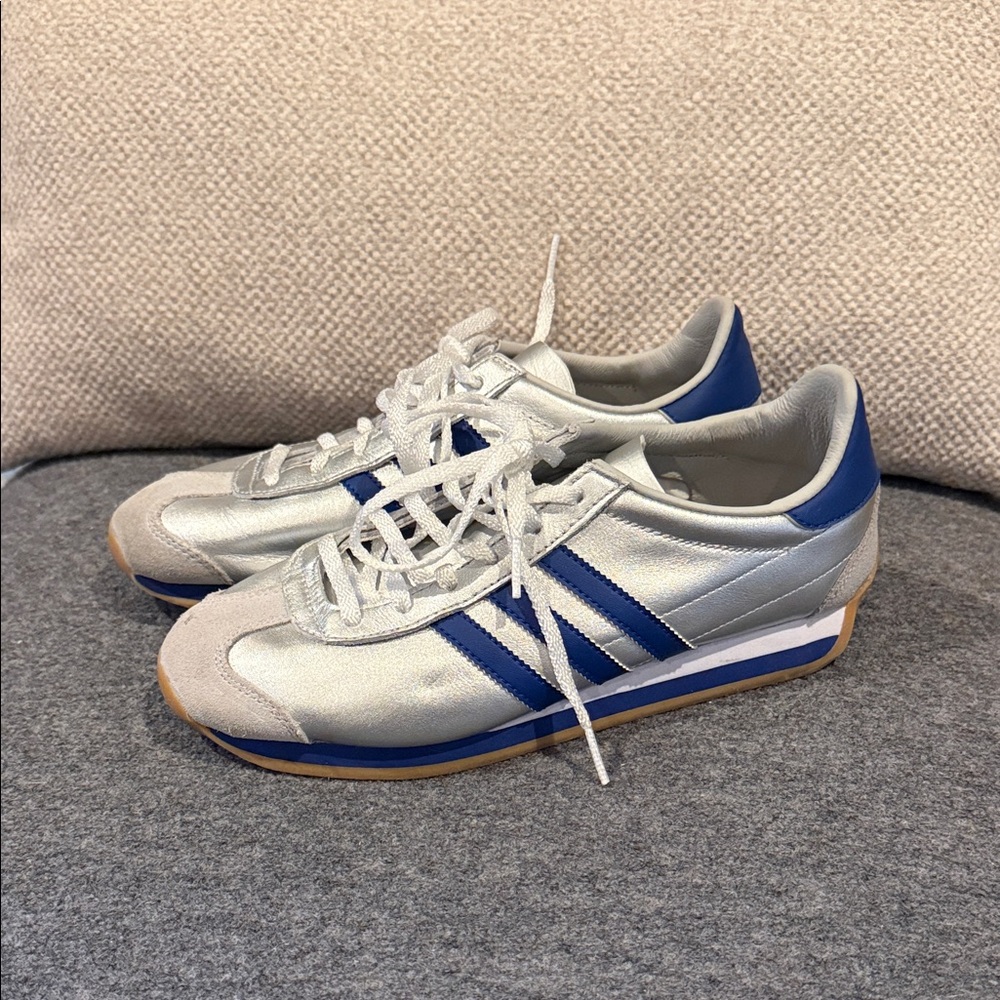 adidas White Sneakers with Blue Stripes